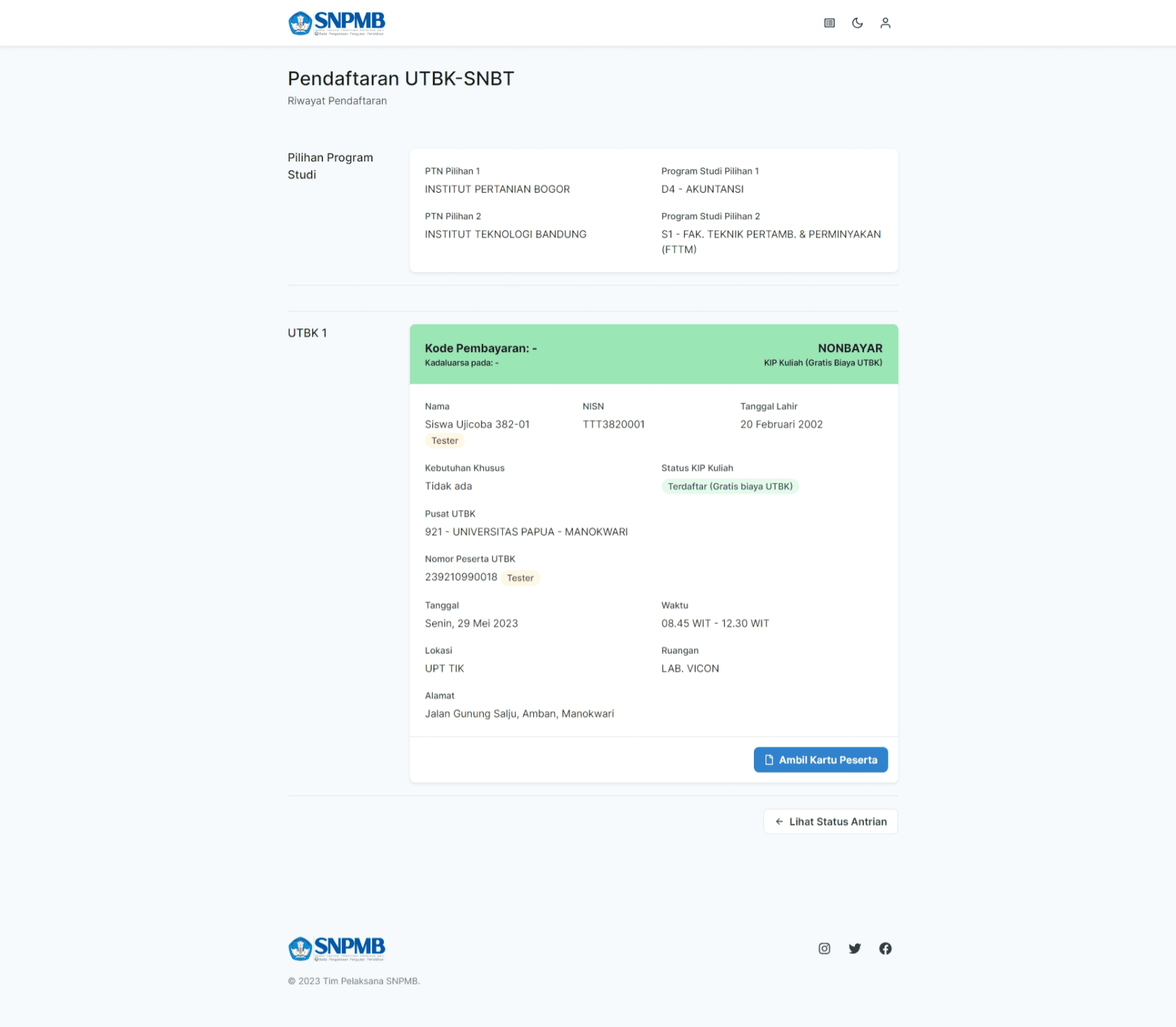 Screenshot of Riwayat Pendaftaran Page